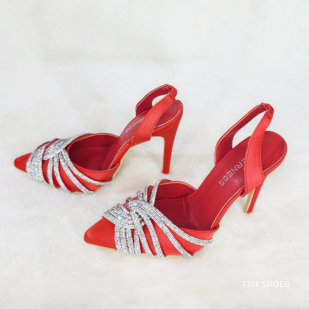 Elegance Slip on Slingback Red Satin Rhinestone Pointy Toe High Heels Shoes - Picture 10 of 12